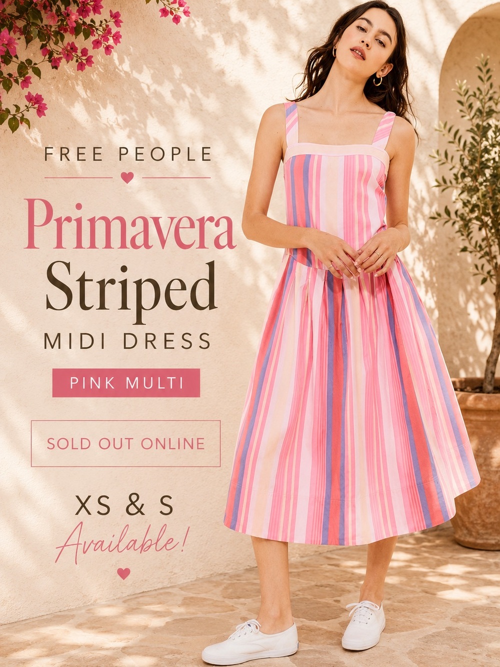 Free People Primavera Midi Dress Pink Stripe XS and SM NWOT Cottagecore